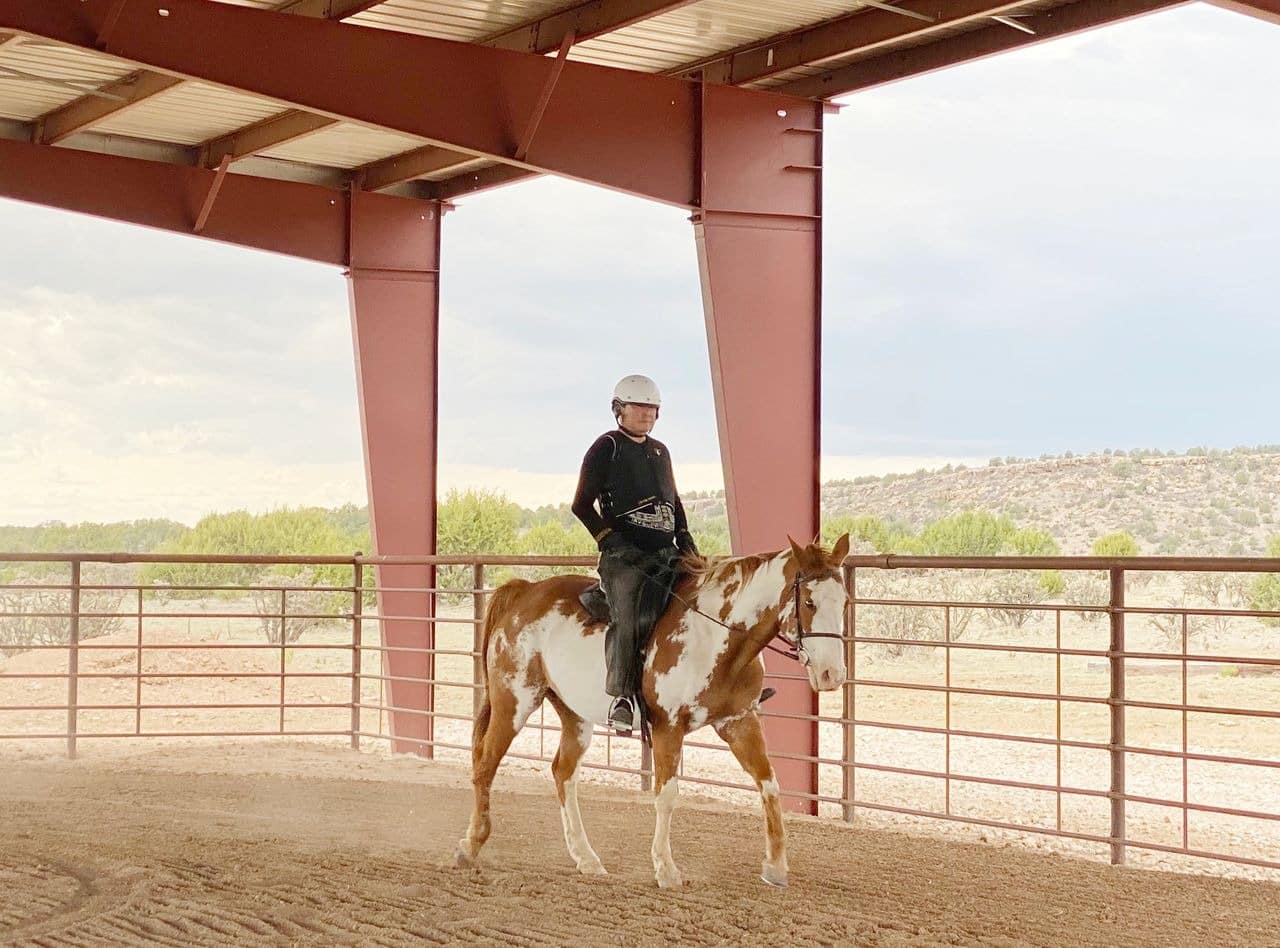 Person riding a horse in an indoor arena.