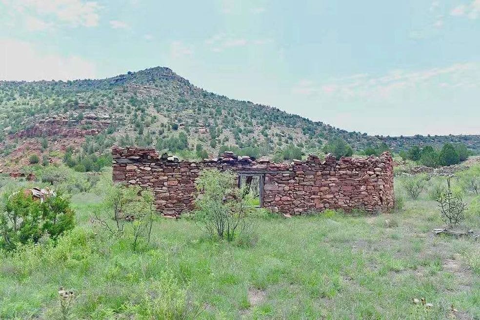 Ruined stone building in overgrown field with hills.